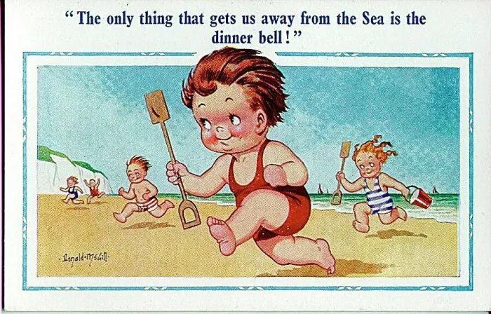 : Comic postcard, Children running across the beach - dinner bell Date: 20th century : Comic postcard, Children running across the beach - dinner bell Date: 20th century