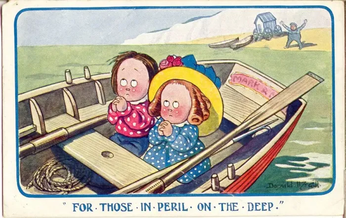 Framed Print : Comic postcard, Two children at the seaside in a boat Date: 20th century Framed Print : Comic postcard, Two children at the seaside in a boat Date: 20th century