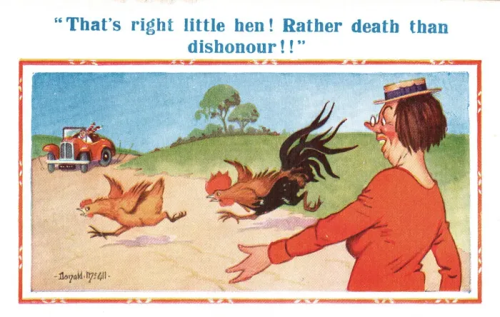 Framed Print : Comic postcard, cockerel chasing hen across the road Date: 20th century