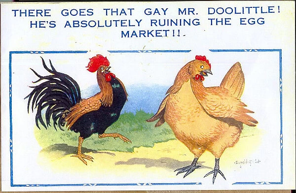 Comic postcard, Cockerel and hen