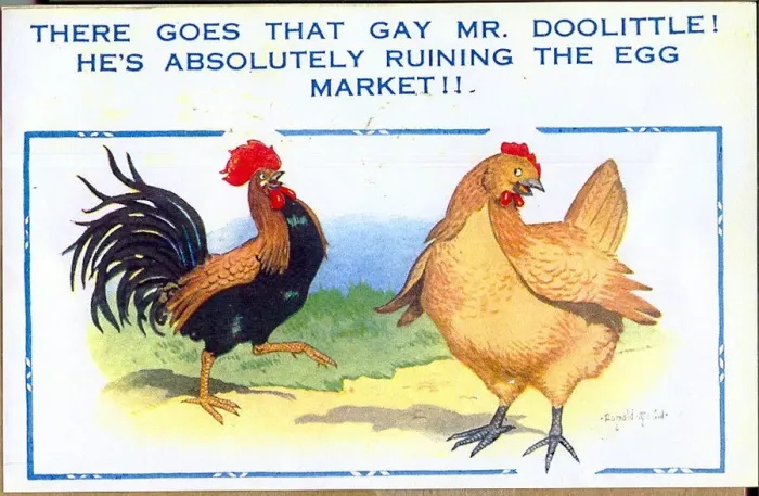 Framed Print : Comic postcard, Cockerel and hen Framed Print : Comic postcard, Cockerel and hen