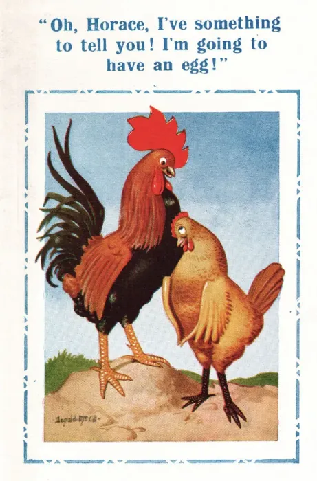 Framed Print : Comic postcard, cockerel and hen expecting an egg Date: 20th century Framed Print : Comic postcard, cockerel and hen expecting an egg Date: 20th century