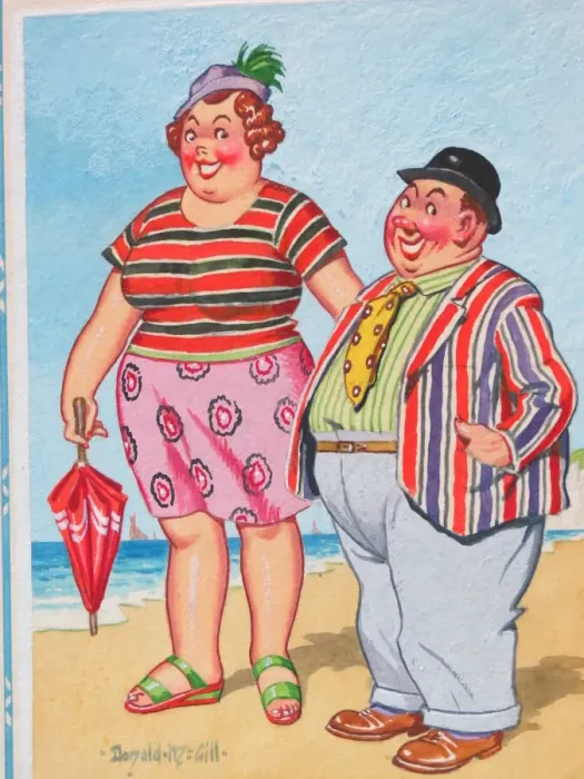 Framed Print : Comic postcard, Colourful couple on the beach Framed Print : Comic postcard, Colourful couple on the beach