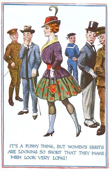 Comic postcard commenting on the length of womens skirts