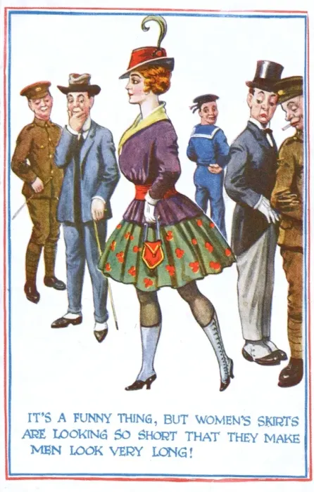 Framed Print : Comic postcard commenting on the length of womens skirts Framed Print : Comic postcard commenting on the length of womens skirts