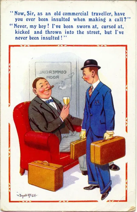 Framed Print : Comic postcard, Two commercial travellers Date: 20th century Framed Print : Comic postcard, Two commercial travellers Date: 20th century