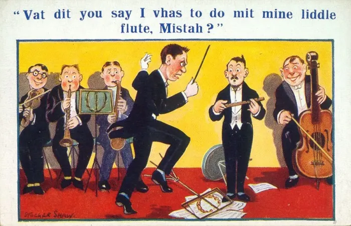 Framed Print : Comic postcard, Conductor and band Date: 20th century Framed Print : Comic postcard, Conductor and band Date: 20th century