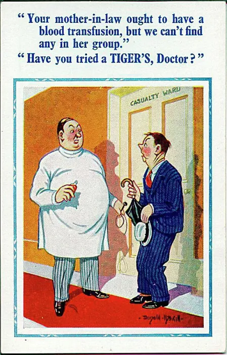 : Comic postcard, Conversation in hospital corridor - blood transfusion Date: 20th century : Comic postcard, Conversation in hospital corridor - blood transfusion Date: 20th century