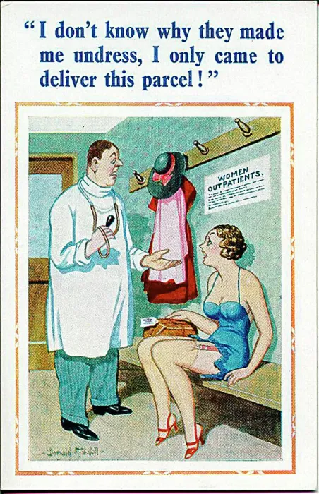 : Comic postcard, Conversation in hospital outpatients Date: 20th century : Comic postcard, Conversation in hospital outpatients Date: 20th century