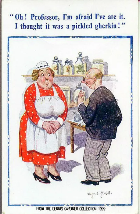 Framed Print : Comic postcard, Cook apologises to scientist Date: 20th century Framed Print : Comic postcard, Cook apologises to scientist Date: 20th century