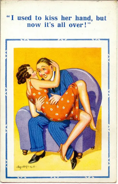 Framed Print : Comic postcard, Couple in an armchair Date: 20th century Framed Print : Comic postcard, Couple in an armchair Date: 20th century