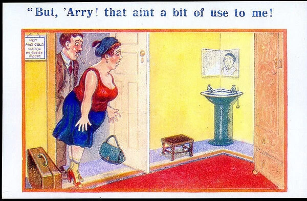 Comic postcard, Couple arrive in hotel room Date: 20th century
