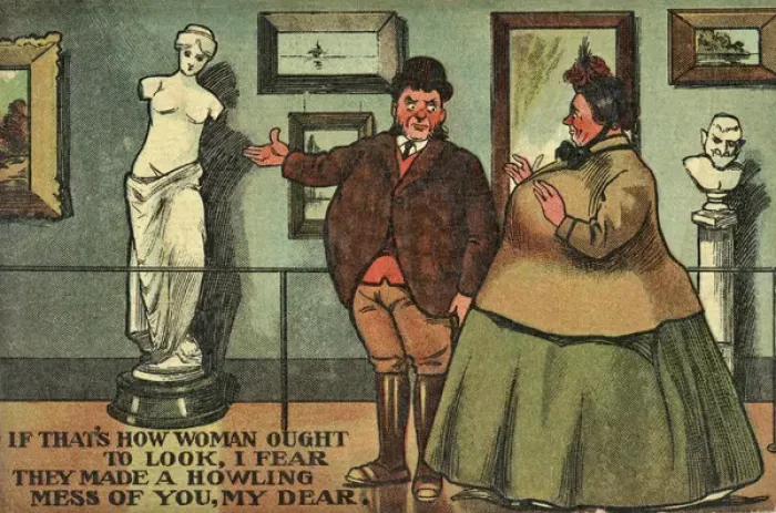 Framed Print : Comic postcard, couple in an art gallery Framed Print : Comic postcard, couple in an art gallery