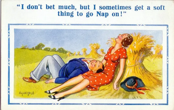 Framed Print : Comic postcard, Couple asleep in the countryside Date: 20th century Framed Print : Comic postcard, Couple asleep in the countryside Date: 20th century