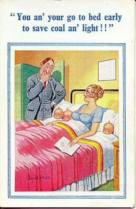 : Comic postcard, Couple with three babies Date: 20th century : Comic postcard, Couple with three babies Date: 20th century