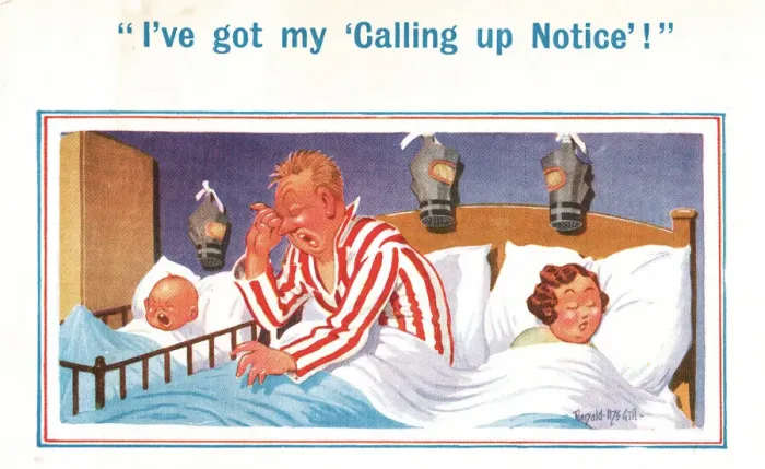 Framed Print : Comic postcard, Couple and baby in bed with gas masks, WW2 - calling up notice Date Framed Print : Comic postcard, Couple and baby in bed with gas masks, WW2 - calling up notice Date