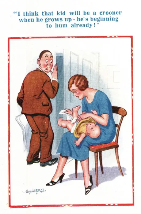 Framed Print : Comic postcard, Couple with baby Date: 20th century Framed Print : Comic postcard, Couple with baby Date: 20th century