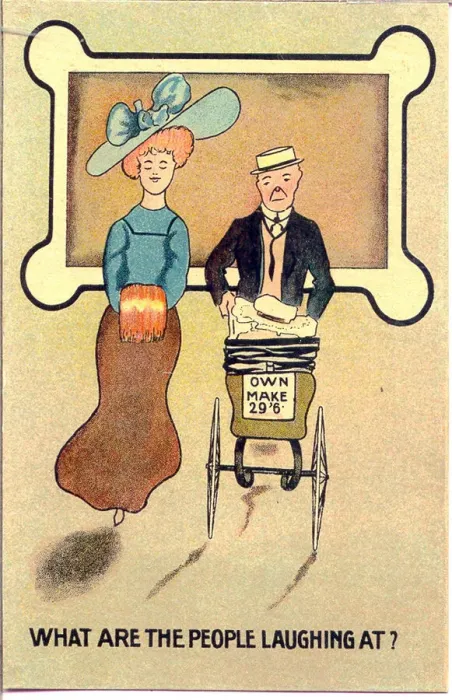 Framed Print : Comic postcard, Couple with baby in pram - What are the people laughing Framed Print : Comic postcard, Couple with baby in pram - What are the people laughing