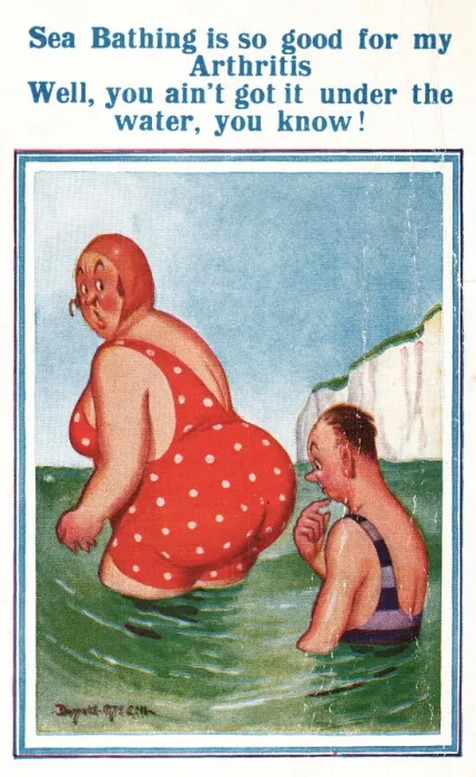 Framed Print : Comic postcard, couple bathing in the sea Framed Print : Comic postcard, couple bathing in the sea