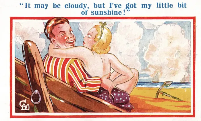 Framed Print : Comic postcard, Couple on the beach Date: 20th century Framed Print : Comic postcard, Couple on the beach Date: 20th century