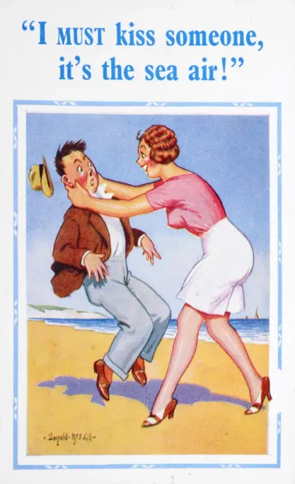 Framed Print : Comic postcard, Couple on the beach Date: circa 1955 Framed Print : Comic postcard, Couple on the beach Date: circa 1955