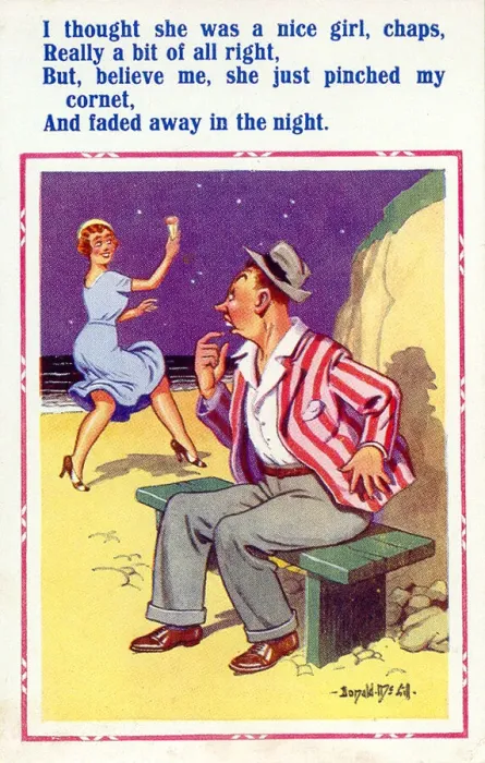 Framed Print : Comic postcard, Couple on the beach at night - theft of ice cream cornet Date Framed Print : Comic postcard, Couple on the beach at night - theft of ice cream cornet Date