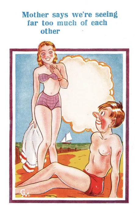 Framed Print : Comic postcard, Couple on the beach - seeing far too much of each other Date Framed Print : Comic postcard, Couple on the beach - seeing far too much of each other Date