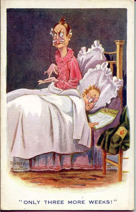 Framed Print : Comic postcard, Couple in bed, man longing to begin his army service - Only three more weeks! A Derby Scheme armband on his jacket shows that he is signed up and ready for active service. Date: circa 1915 Framed Print : Comic postcard, Couple in bed, man longing to begin his army service - Only three more weeks! A Derby Scheme armband on his jacket shows that he is signed up and ready for active service. Date: circa 1915