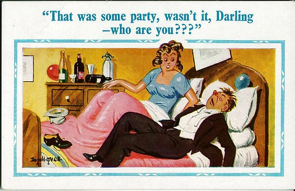 Comic postcard, Couple in bed - who are you? Date: 20th century