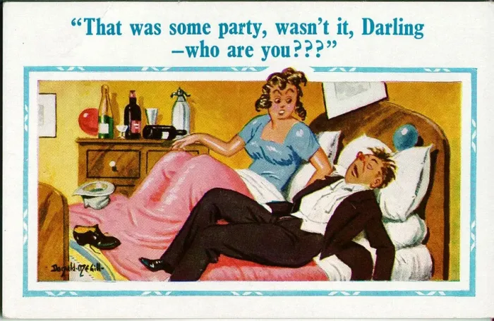 Framed Print : Comic postcard, Couple in bed - who are you? Date: 20th century Framed Print : Comic postcard, Couple in bed - who are you? Date: 20th century