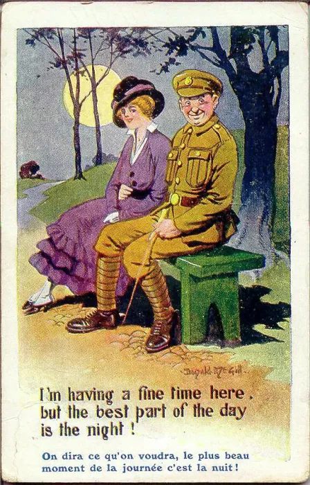 Framed Print : Comic postcard, Couple on a bench at night, woman and soldier. Date: 1914-1918 Framed Print : Comic postcard, Couple on a bench at night, woman and soldier. Date: 1914-1918