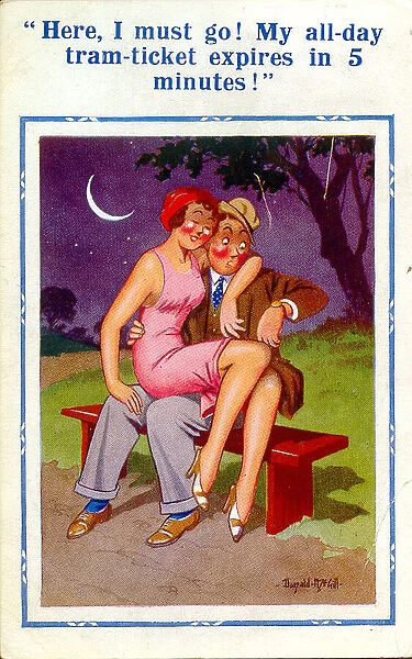Comic postcard, Couple on a bench at night Date: 20th century