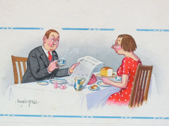 Framed Print : Comic postcard, Couple at the breakfast table Framed Print : Comic postcard, Couple at the breakfast table