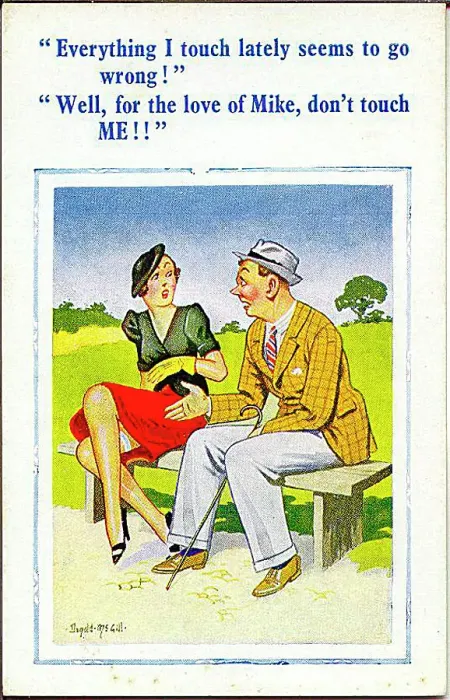 : Comic postcard, Couple chatting on a bench Date: 20th century : Comic postcard, Couple chatting on a bench Date: 20th century
