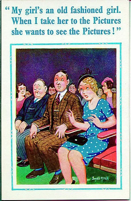 : Comic postcard, Couple at the cinema Date: 20th century : Comic postcard, Couple at the cinema Date: 20th century