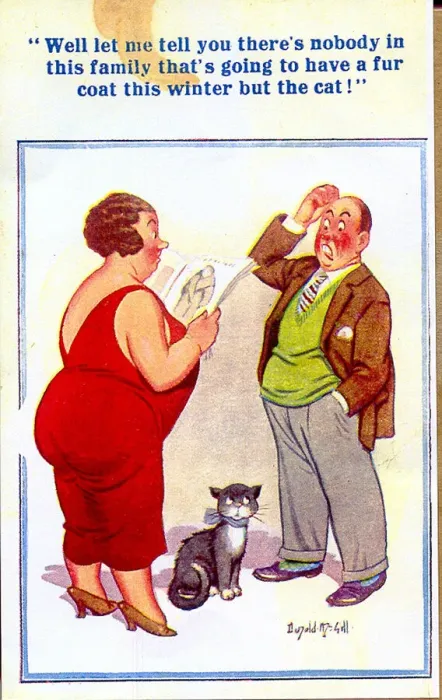 Framed Print : Comic postcard, Couple discussing fur coat Framed Print : Comic postcard, Couple discussing fur coat