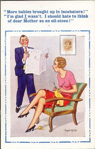 Comic postcard, Couple discussing incubators for babies Date: 20th century