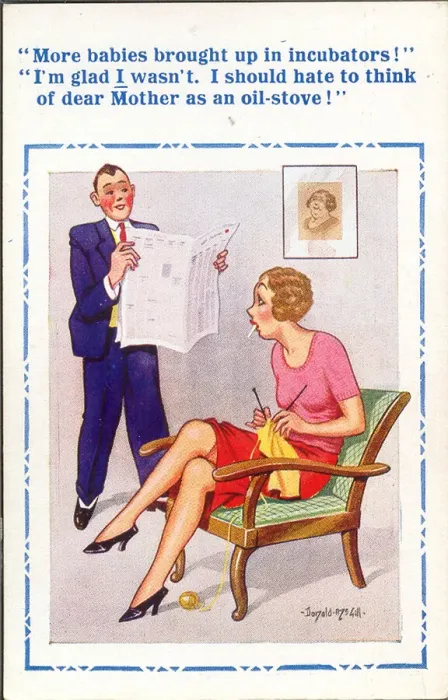 Framed Print : Comic postcard, Couple discussing incubators for babies Date: 20th century Framed Print : Comic postcard, Couple discussing incubators for babies Date: 20th century
