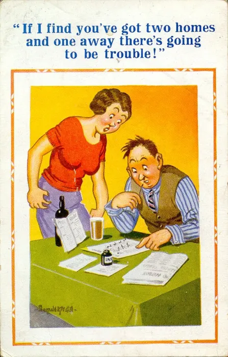 Framed Print : Comic postcard, Couple doing the football pools Date: 20th century Framed Print : Comic postcard, Couple doing the football pools Date: 20th century