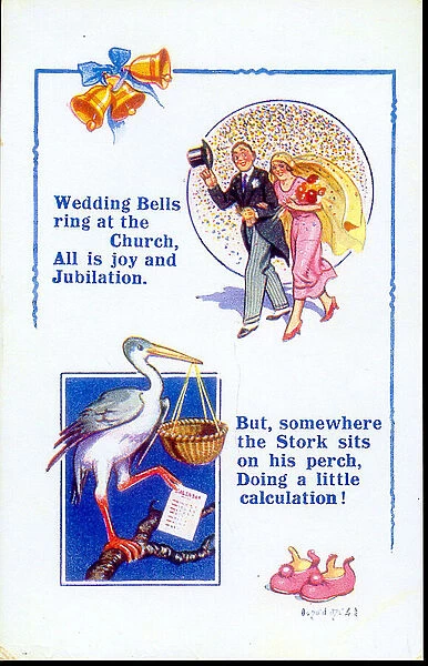 Comic postcard, Couple getting married. Wedding bells ring at the church