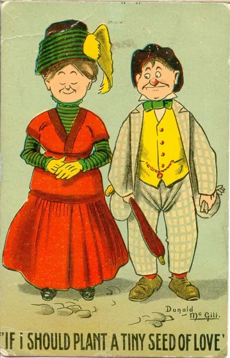 Framed Print : Comic postcard, Couple going for a walk Framed Print : Comic postcard, Couple going for a walk