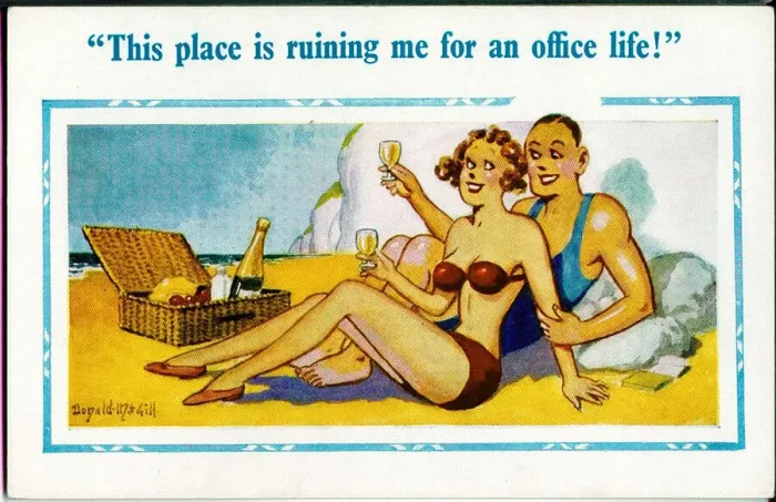 Framed Print : Comic postcard, Couple having picnic on the beach Date: 20th century Framed Print : Comic postcard, Couple having picnic on the beach Date: 20th century
