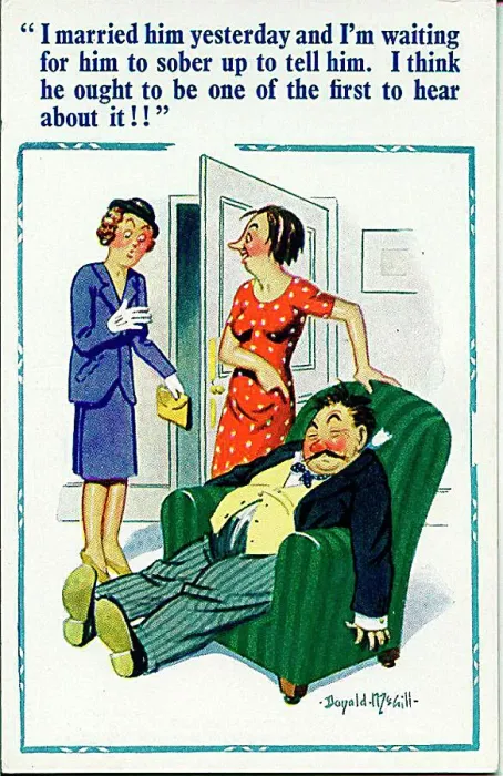  : Comic postcard, Couple at home after their wedding Date: 20th century