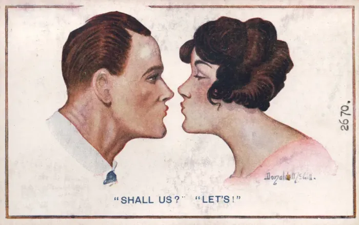 Framed Print : Comic postcard, Couple about to kiss Date: circa 1918 Framed Print : Comic postcard, Couple about to kiss Date: circa 1918