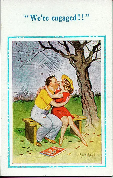 : Comic postcard, Couple kissing on a bench - engaged Date: 20th century : Comic postcard, Couple kissing on a bench - engaged Date: 20th century
