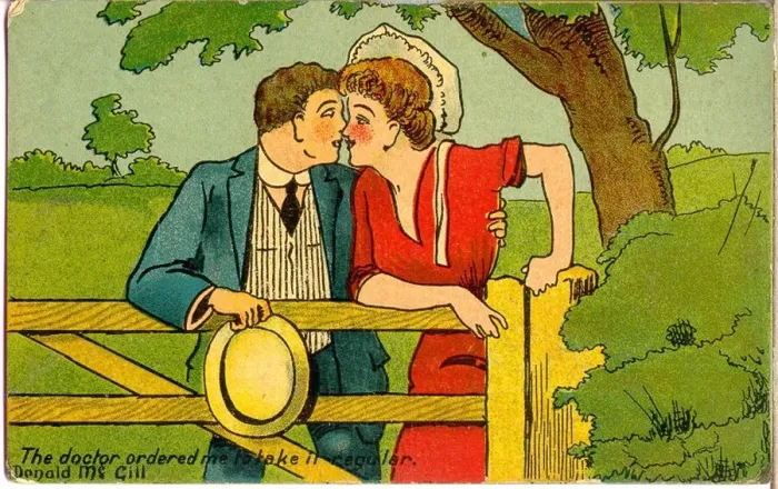 Framed Print : Comic postcard, Couple kissing in the countryside Date: 20th century Framed Print : Comic postcard, Couple kissing in the countryside Date: 20th century