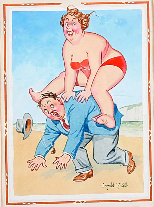 Framed Print : Comic postcard, Couple leapfrogging on the beach Framed Print : Comic postcard, Couple leapfrogging on the beach