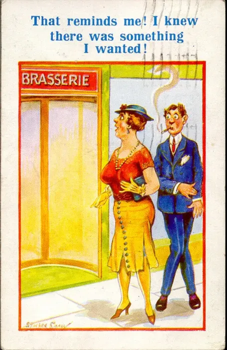 Framed Print : Comic postcard, Couple outside brasserie Framed Print : Comic postcard, Couple outside brasserie