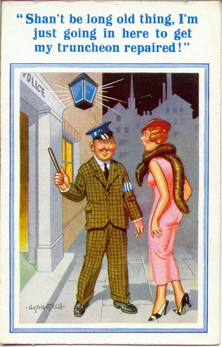 Framed Print : Comic postcard, Couple outside police station Framed Print : Comic postcard, Couple outside police station