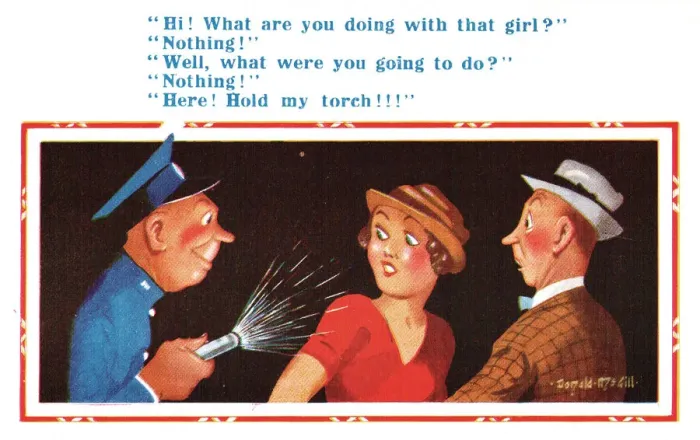 Framed Print : Comic postcard, couple and policeman in blackout, WW2. Date: circa 1940s Framed Print : Comic postcard, couple and policeman in blackout, WW2. Date: circa 1940s